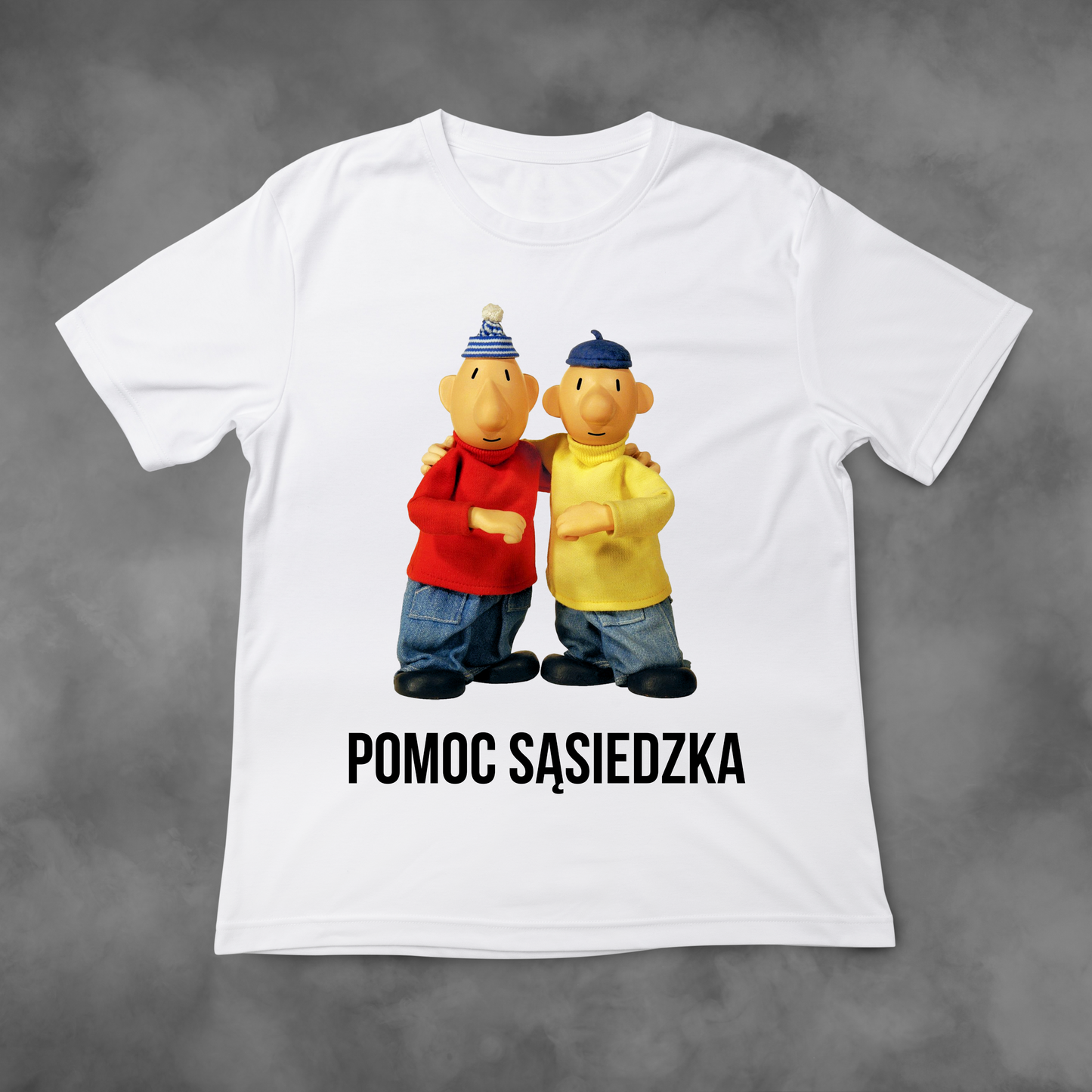 Biała koszulka z nadrukiem Sąsiedzi "Pomoc Sąsiedzka" idealna na PREZENT