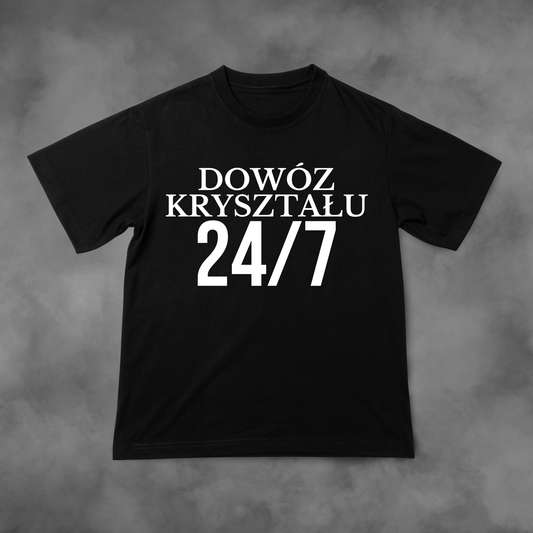 Biała koszulka z nadrukiem Dowóz Kryształu 24/7 idealna na PREZENT - FUNNYWEAR