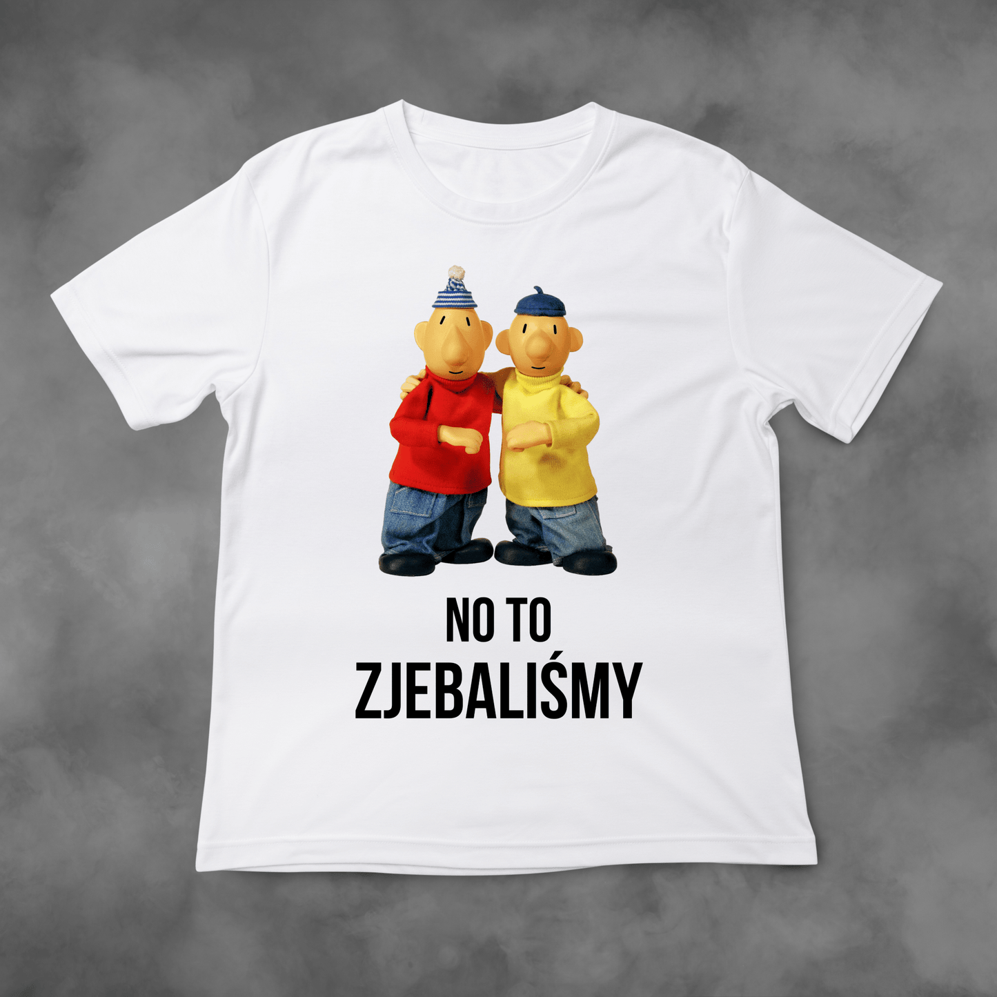 Biała koszulka z nadrukiem Sąsiedzi "No To Zjebaliśmy" idealna na PREZENT - FUNNYWEAR