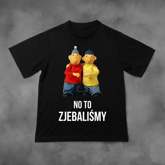Biała koszulka z nadrukiem Sąsiedzi "No To Zjebaliśmy" idealna na PREZENT - FUNNYWEAR