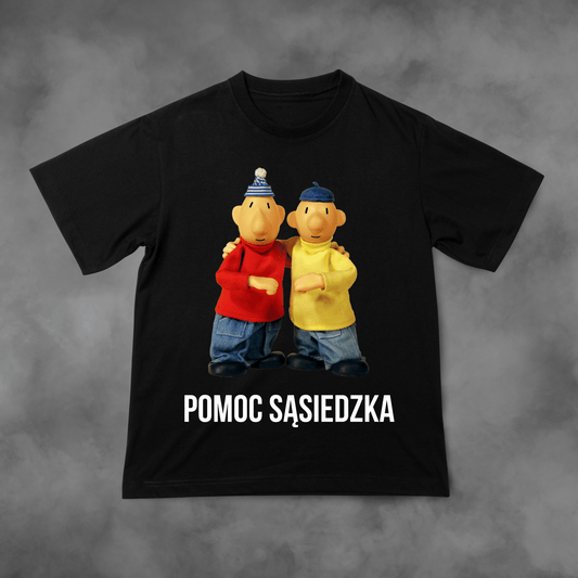 Biała koszulka z nadrukiem Sąsiedzi "Pomoc Sąsiedzka" idealna na PREZENT - FUNNYWEAR