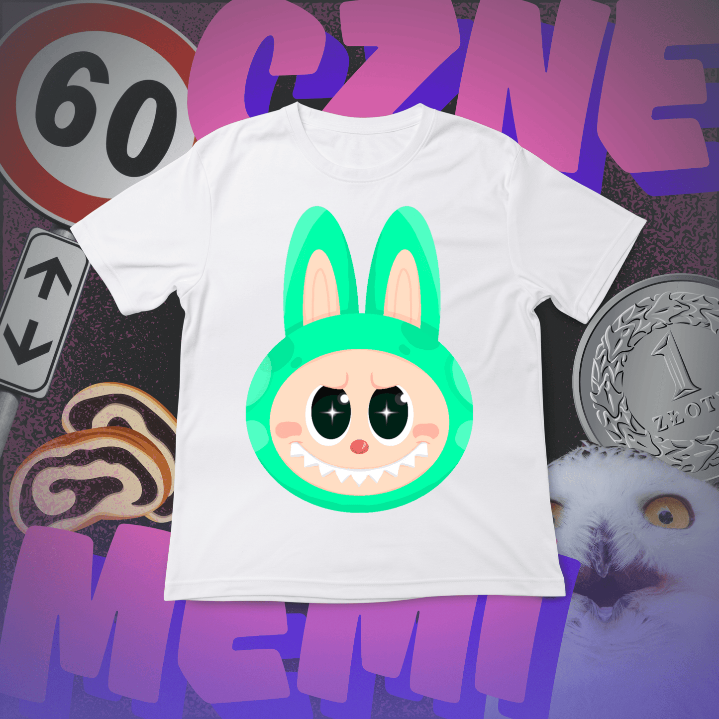 Koszulka z Nadrukiem LABUBU Zielone Tiktok Memiczne - FUNNYWEAR