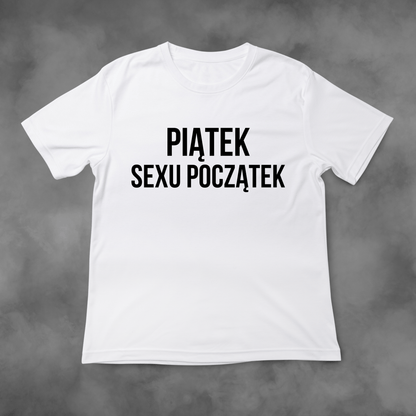 Biała koszulka z nadrukiem Piątek Sexu Początek idealna na PREZENT - FUNNYWEAR