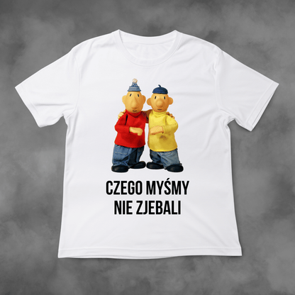 Biała koszulka z nadrukiem Sąsiedzi "Czego myśmy nie z*ebali!" idealna na PREZENT - FUNNYWEAR