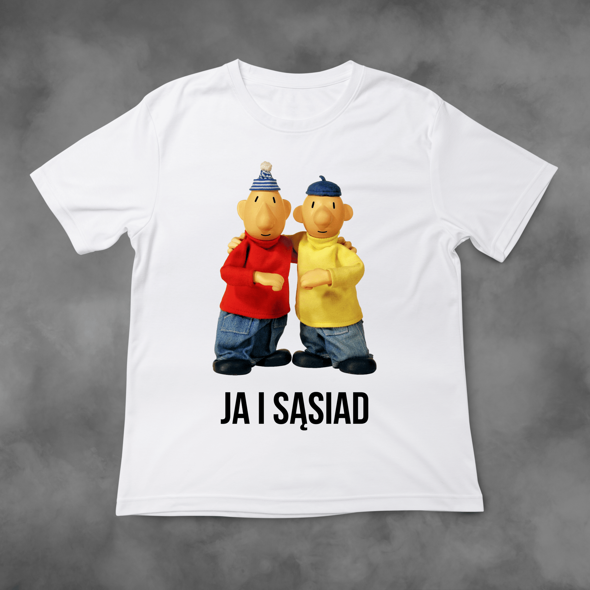 Biała koszulka z nadrukiem Sąsiedzi "Ja I Sąsiad" idealna na PREZENT - FUNNYWEAR