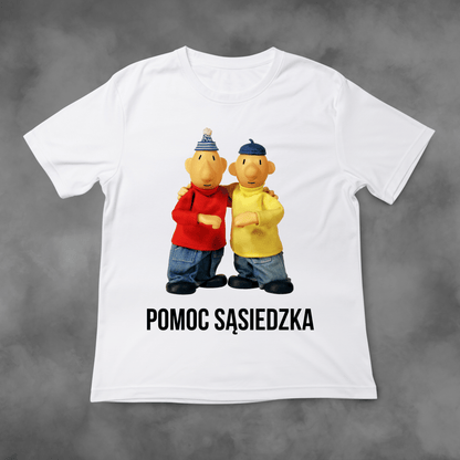 Biała koszulka z nadrukiem Sąsiedzi "Pomoc Sąsiedzka" idealna na PREZENT - FUNNYWEAR