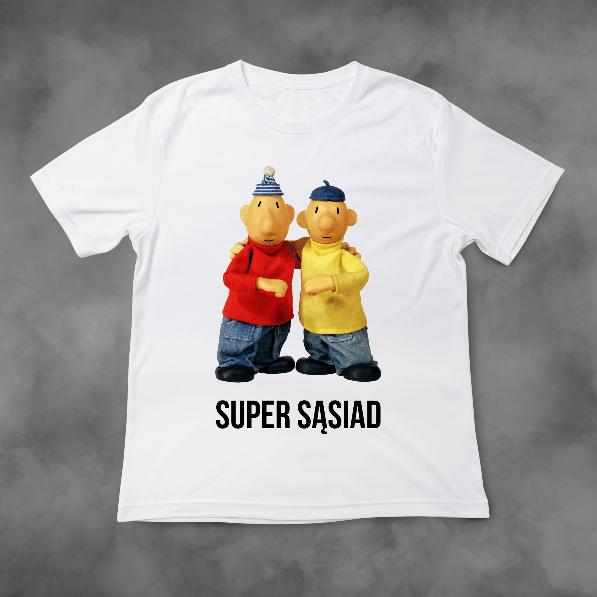 Biała koszulka z nadrukiem Sąsiedzi "Super Sąsiad" idealna na PREZENT - FUNNYWEAR