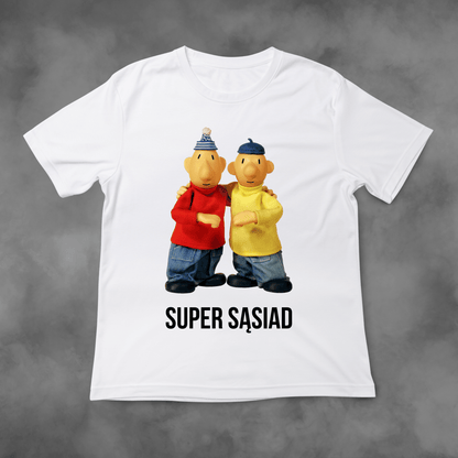 Biała koszulka z nadrukiem Sąsiedzi "Super Sąsiad" idealna na PREZENT - FUNNYWEAR