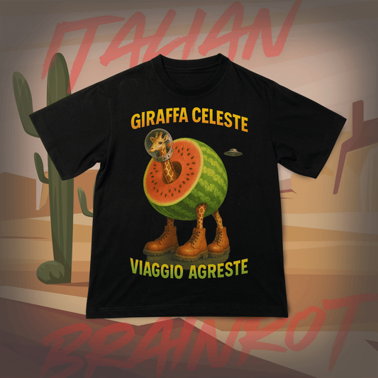 Koszulka z Nadrukiem GIRAFFA CELESTE VIAGGIO AGRESTE Italian Tiktok Brainrot Na Prezent Urodziny Śmieszna - FUNNYWEAR