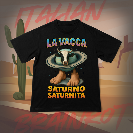Koszulka z Nadrukiem LA VACCA SATURNO SATURNITA Italian Tiktok Brainrot Na Prezent Urodziny Śmieszna